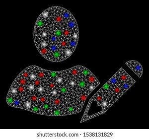 Bright mesh edit user with glare effect. White wire carcass triangular mesh in vector format on a black background. Abstract 2d mesh designed with triangular lines, round dots, colored light spots.