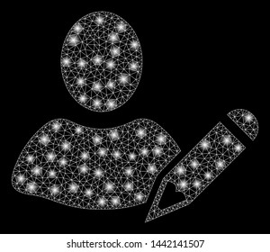 Bright mesh edit user with lightspot effect. Abstract illuminated model of edit user icon. Shiny wire carcass polygonal mesh edit user. Vector abstraction on a black background.