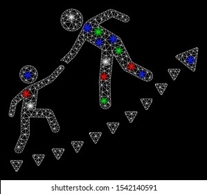 Bright mesh education progress with lightspot effect. White wire carcass triangular mesh in vector format on a black background. Abstract 2d mesh designed with triangles, dots, colorful flare spots.