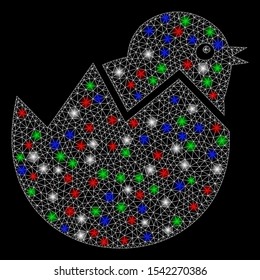 Bright mesh egg chick with lightspot effect. White wire carcass polygonal mesh in vector format on a black background. Abstract 2d mesh built from polygonal grid, small circle, colorful flare spots.