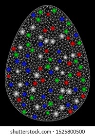 Bright mesh egg with lightspot effect. White wire frame polygonal mesh in vector format on a black background. Abstract 2d mesh designed with polygonal grid, dots, colorful flare spots.