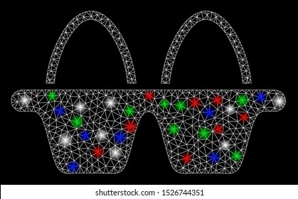 Bright mesh egg pack with glow effect. White wire carcass polygonal mesh in vector format on a black background. Abstract 2d mesh designed with triangular lines, dots, colored flash spots.