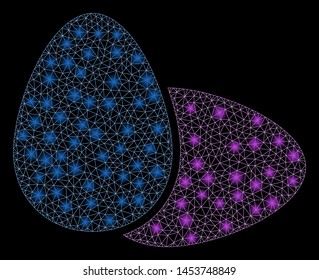 Bright mesh eggs with lightspot effect. Abstract illuminated model of eggs icon. Shiny wire carcass polygonal mesh eggs. Vector abstraction on a black background.