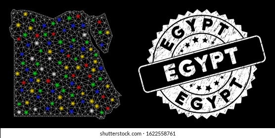 Bright mesh Egypt map with glow effect, and rubber print. Wire frame triangular Egypt map network in vector format on a black background. White round rubber seal with dirty texture.