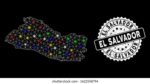 Bright mesh El Salvador map with lightspot effect, and seal stamp. Wire carcass triangular El Salvador map mesh in vector format on a black background. White round seal stamp with corroded textures.