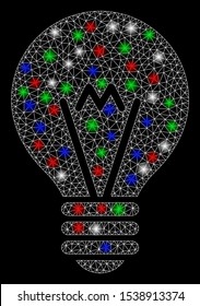 Bright mesh electric bulb with glare effect. White wire carcass triangular mesh in vector format on a black background. Abstract 2d mesh built from triangular lines, round dots, colored flare spots.