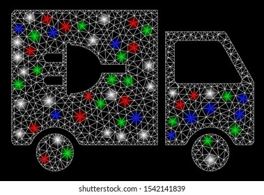 Bright mesh electric car with glare effect. White wire frame polygonal mesh in vector format on a black background. Abstract 2d mesh built from polygonal grid, round dots, colorful glare spots.
