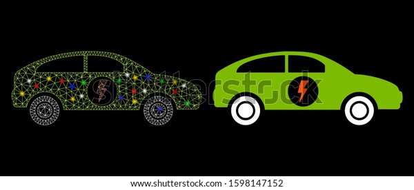 Bright mesh electric car icon with glare\
effect. Abstract illuminated model of electric car. Shiny wire\
carcass polygonal mesh electric car icon. Vector abstraction on a\
black background.