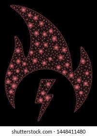 Bright mesh electric fire with lightspot effect. Abstract illuminated model of electric fire icon. Shiny wire carcass triangular mesh electric fire. Vector abstraction on a black background.