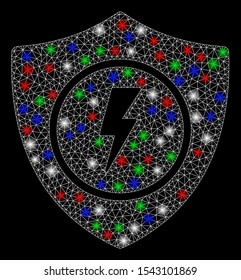 Bright mesh electric guard with lightspot effect. White wire carcass triangular mesh in vector format on a black background. Abstract 2d mesh designed with triangular lines, round dots,