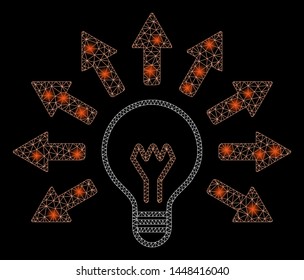 Bright mesh electric light with glare effect. Abstract illuminated model of electric light icon. Shiny wire frame triangular mesh electric light. Vector abstraction on a black background.