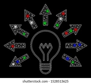 Bright mesh electric light with glare effect. White wire carcass polygonal mesh in vector format on a black background. Abstract 2d mesh designed with polygonal grid, spheric points,