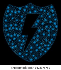 Bright mesh electric shield with glare effect. Abstract illuminated model of electric shield icon. Shiny wire carcass triangular mesh electric shield. Vector abstraction on a black background.