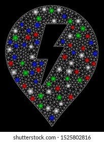 Bright mesh electric shock marker with glare effect. White wire frame triangular mesh in vector format on a black background. Abstract 2d mesh created from polygonal grid, round dots,