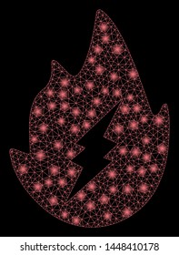 Bright mesh electric spark flame with glare effect. Abstract illuminated model of electric spark flame icon. Shiny wire carcass polygonal mesh electric spark flame.