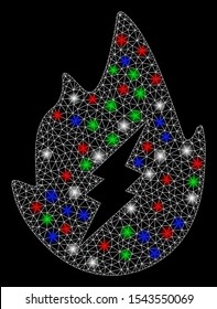 Bright mesh electric spark flame with glare effect. White wire frame triangular network in vector format on a black background. Abstract 2d mesh designed with triangular lines, small circle,