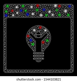 Bright mesh electrician calendar page with glare effect. White wire frame polygonal network in vector format on a black background. Abstract 2d mesh designed with polygonal grid, spheric points,