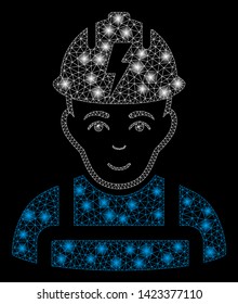 Bright mesh electrician with lightspot effect. Abstract illuminated model of electrician icon. Shiny wire frame triangular network electrician. Vector abstraction on a black background.