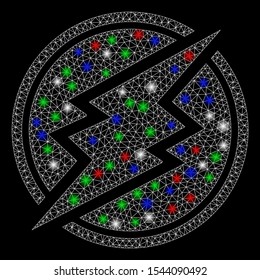 Bright mesh electroneum with glare effect. White wire carcass triangular mesh in vector format on a black background. Abstract 2d mesh designed with triangles, small circle, colored glare spots.