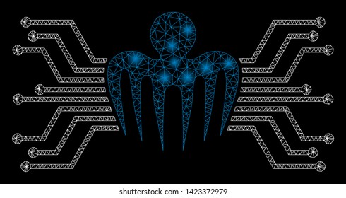 Bright mesh electronic circuit spectre with glare effect. Abstract illuminated model of electronic circuit spectre icon. Shiny wire frame polygonal network electronic circuit spectre.