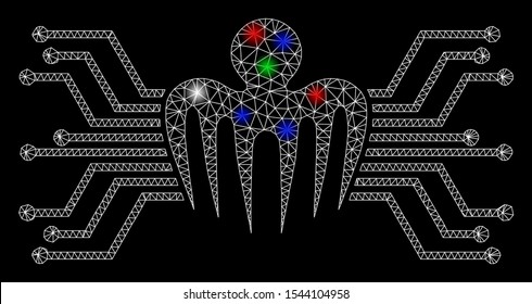 Bright mesh electronic circuit spectre with lightspot effect. White wire frame triangular mesh in vector format on a black background. Abstract 2d mesh built from triangular lines, spheric points,