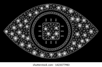 Bright mesh electronic eye lens with lightspot effect. Abstract illuminated model of electronic eye lens icon. Shiny wire carcass polygonal mesh electronic eye lens.