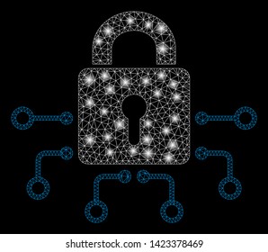 Bright mesh electronic lock with glare effect. Abstract illuminated model of electronic lock icon. Shiny wire carcass polygonal mesh electronic lock. Vector abstraction on a black background.