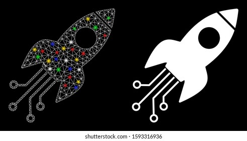 Bright mesh electronic rocket icon with glitter effect. Abstract illuminated model of electronic rocket. Shiny wire frame polygonal mesh electronic rocket icon.