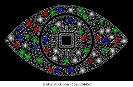 Bright mesh electronic vision with glare effect. White wire frame polygonal mesh in vector format on a black background. Abstract 2d mesh designed with triangles, round dots, colored glare spots.