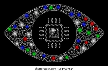 Bright mesh electronic vision lens with glow effect. White wire carcass triangular network in vector format on a black background. Abstract 2d mesh designed with triangular lines, dots,