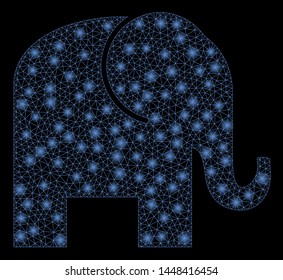 Bright mesh elephant with glow effect. Abstract illuminated model of elephant icon. Shiny wire frame triangular mesh elephant. Vector abstraction on a black background.