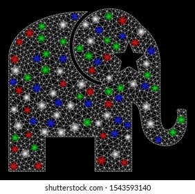 Bright mesh elephant with lightspot effect. White wire carcass triangular mesh in vector format on a black background. Abstract 2d mesh designed with triangular lines, round dots, colored flash spots.