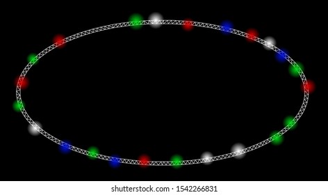 Bright mesh ellipse frame with glare effect. White wire carcass polygonal mesh in vector format on a black background. Abstract 2d mesh designed with polygonal grid, points, colored glare spots.