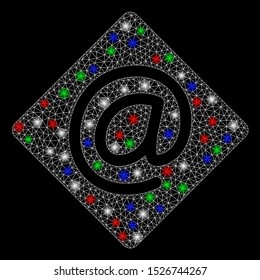 Bright mesh email with glare effect. White wire frame triangular mesh in vector format on a black background. Abstract 2d mesh designed with triangles, points, colored flash spots.