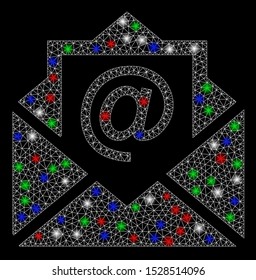 Bright mesh email with glare effect. White wire frame triangular mesh in vector format on a black background. Abstract 2d mesh designed with triangular lines, dots, colorful flare spots.