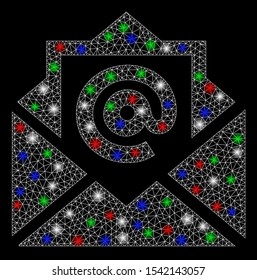 Bright mesh email with lightspot effect. White wire frame triangular mesh in vector format on a black background. Abstract 2d mesh designed with polygonal grid, small circle, colored glare spots.