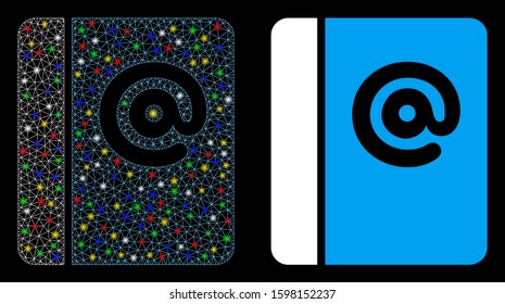 Bright mesh emails icon with glare effect. Abstract illuminated model of emails. Shiny wire frame triangular mesh emails icon. Vector abstraction on a black background.