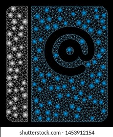 Bright mesh emails with lightspot effect. Abstract illuminated model of emails icon. Shiny wire carcass polygonal mesh emails. Vector abstraction on a black background.