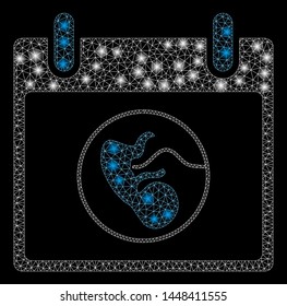 Bright mesh embryo calendar day with lightspot effect. Abstract illuminated model of embryo calendar day icon. Shiny wire carcass triangular mesh embryo calendar day.