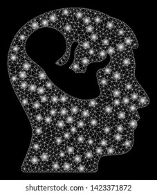 Bright mesh embryo mind head with glow effect. Abstract illuminated model of embryo mind head icon. Shiny wire frame polygonal mesh embryo mind head. Vector abstraction on a black background.