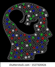 Bright mesh embryo mind head with lightspot effect. White wire carcass polygonal mesh in vector format on a black background. Abstract 2d mesh designed with triangular lines, spheric points,