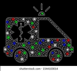 Bright mesh emergency car with glare effect. White wire carcass polygonal mesh in vector format on a black background. Abstract 2d mesh designed with triangular lines, spheric points,