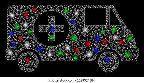 Bright mesh emergency car with glow effect. White wire frame triangular mesh in vector format on a black background. Abstract 2d mesh designed with triangular lines, points, colorful flash spots.