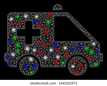 Bright mesh emergency car with lightspot effect. White wire frame triangular network in vector format on a black background. Abstract 2d mesh designed with triangular lines, dots, colored flash spots.