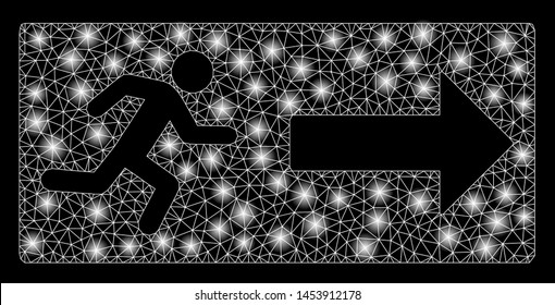 Bright mesh emergency exit with glow effect. Abstract illuminated model of emergency exit icon. Shiny wire carcass polygonal mesh emergency exit. Vector abstraction on a black background.