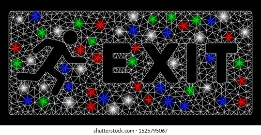 Bright mesh emergency exit with lightspot effect. White wire frame triangular network in vector format on a black background. Abstract 2d mesh designed with triangular lines, round dots,