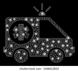 Bright mesh emergency with lightspot effect. Abstract illuminated model of emergency icon. Shiny wire carcass triangular mesh emergency. Vector abstraction on a black background.