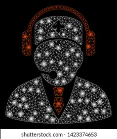 Bright mesh emergency operator with glare effect. Abstract illuminated model of emergency operator icon. Shiny wire carcass polygonal mesh emergency operator. Vector abstraction on a black background.