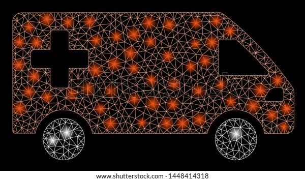 Bright mesh emergency van with lightspot
effect. Abstract illuminated model of emergency van icon. Shiny
wire carcass triangular mesh emergency van. Vector abstraction on a
black background.