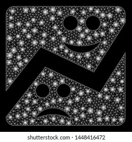 Bright mesh emotion chart with lightspot effect. Abstract illuminated model of emotion chart icon. Shiny wire frame triangular mesh emotion chart. Vector abstraction on a black background.